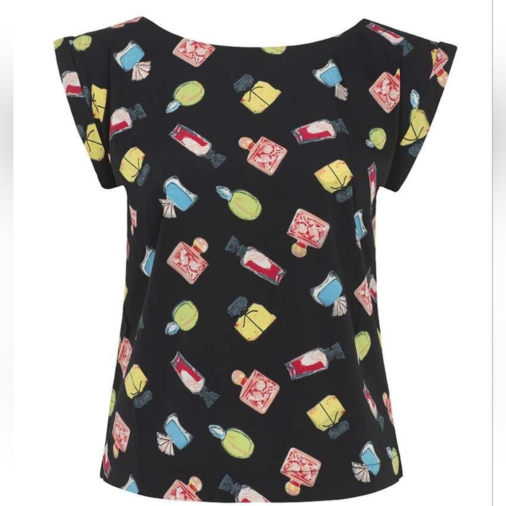 Emily and Fin Perfume All Over Print Black Top L